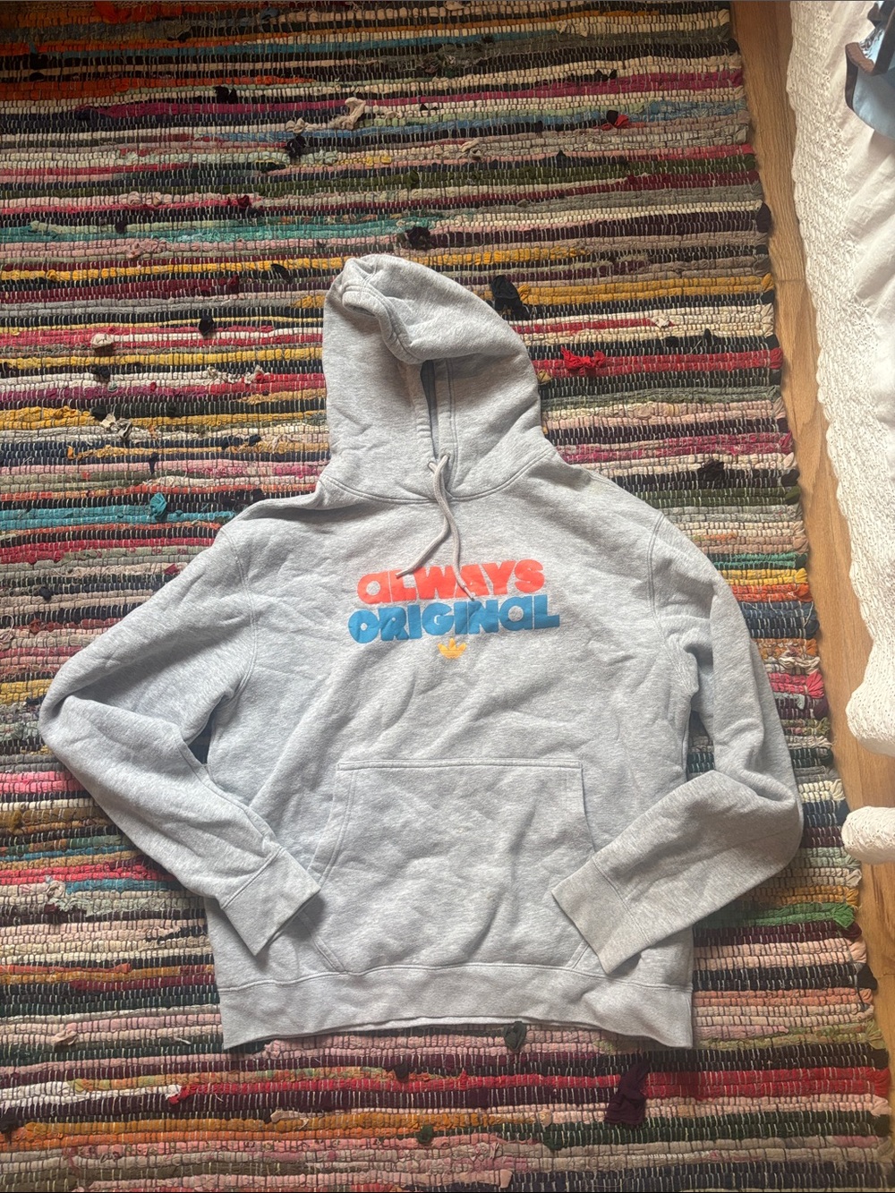 adidas Originals Light Gray Crewneck Hoodie with orange and Blue Logo
